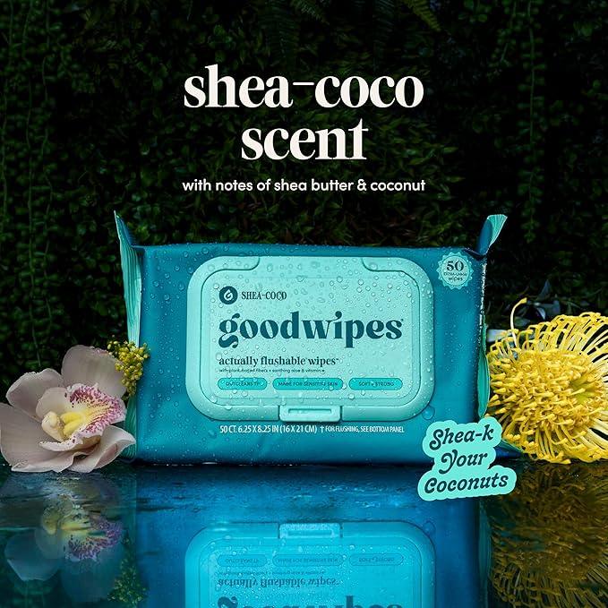 goodwipes Flushable Butt Wipes - Vitamin E & Aloe - Sewer & Septic Safe - Extra Large Adult Wet Wipes For Women & Men - Bathroom Essentials - Shea-Coco, 153 Count (3 Packs + 3 Individually Wrapped) - ModernBath