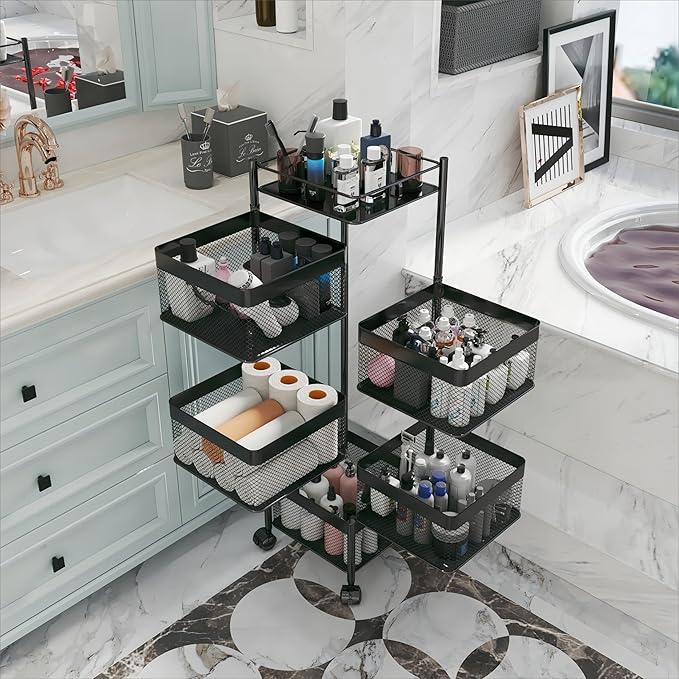 Fruit and Vegetable Basket for Kitchen No Assembly， Rotating Storage Rack,Bathroom Storage Shelf, Kitchen Organizers and Storage Cart on Rolling Wheels(Black, 5 Tier-Square) - ModernBath