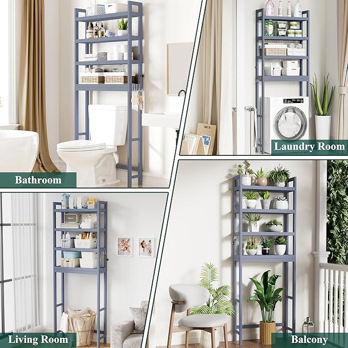 Smiry Over The Toilet Storage Cabinet, 4-Tier Bamboo Bathroom Organizers with Adjustable Shelf & 4 Hooks, Space Saving Shelf Rack for Bathrooms, Laundry Room, Balcony, Grey - ModernBath