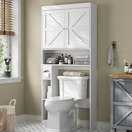 Furnideco Over The Toilet Storage Cabinet with Barn Doors, 32.3''W Free Standing Toilet Storage Shelf Space Saver with Adjustable Bottom Bar, White - ModernBath
