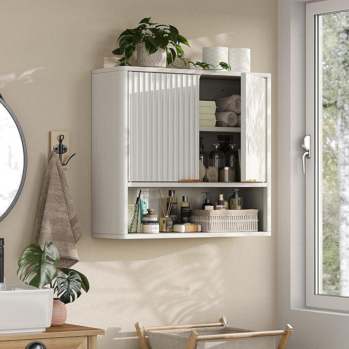 Furnideco Bathroom Medicine Cabinet with Fluted Doors, 3-Tier Modern Wall Cabinet Over Toilet, Small Hanging Storage Cabinet for Bathroom, Antique White - ModernBath