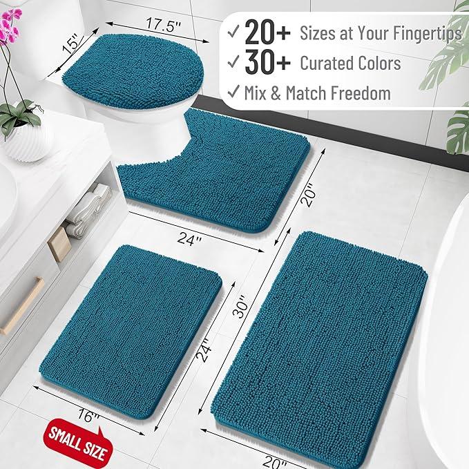 OLANLY Toilet Rugs U-Shaped 24x20, Extra Soft Absorbent Chenille Contour Bathroom Rugs for Toilet, Dry Quickly, Machine Washable, Non-Slip Bath Mat, Peacock Blue - ModernBath