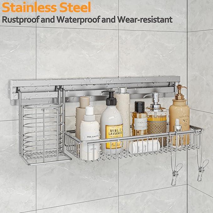 MINGLING Stainless Steel Shower Caddy, 41 cm Wall Back Crossbar Rustproof Shelves with 2 Long Tail Hook Clip, Large Capacity Bathroom Organizers and Storage - ModernBath