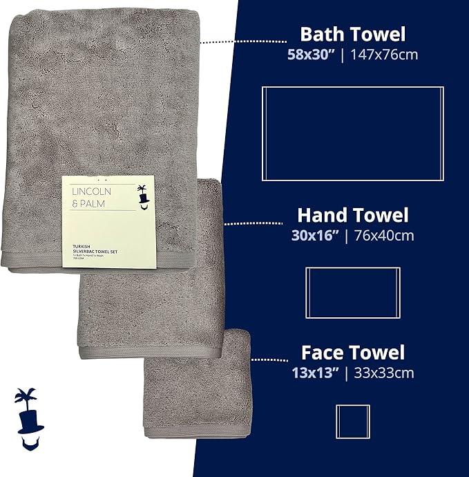 Lincoln & Palm 3 Piece Turkish Towels Set, Thick, Soft, Plush 700 GSM Spa & Hotel Quality, Silver Infused SILVERbac | Bath 58x30, Hand 30x16, Face Wash Cloth 13x13 (3 Piece Towel Set, Silver) - ModernBath