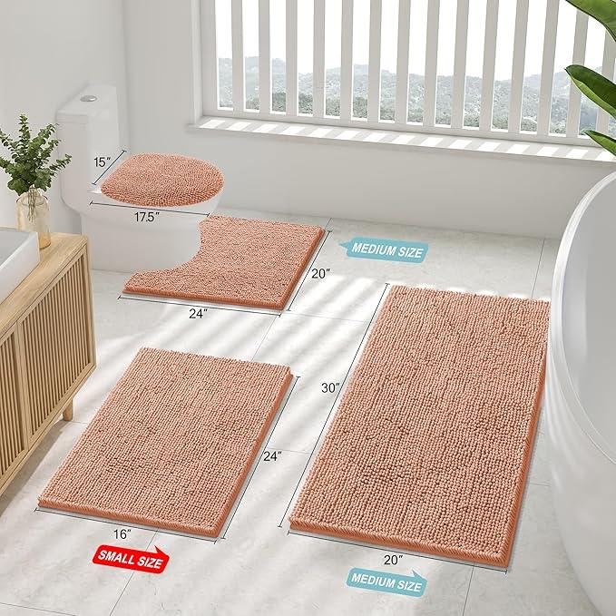 Smiry Luxury Chenille Bathroom Rugs 30x20, Extra Soft and Absorbent Shaggy Bath Mat, Machine Washable, Non-Slip Plush Carpet Runner for Tub, Shower, and Floor, Home Decor Accessories, Peach - ModernBath