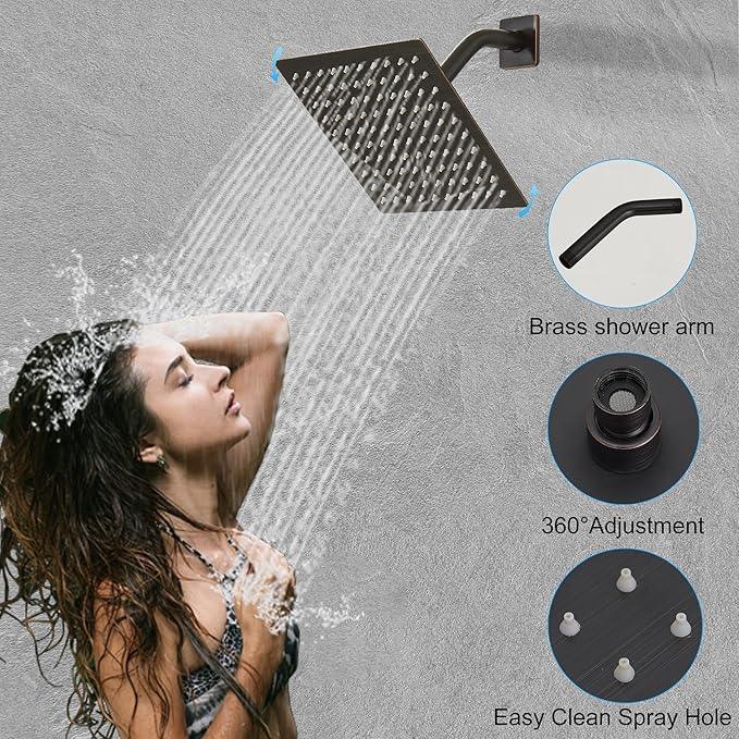 YCAIKOI Oil Rubbed Bronze Shower System, 8 Inch High Pressure Rain Shower with Handheld, Wall Mount Shower Faucet Set for Bathroom, Rough-in Valve Body and Trim Included - ModernBath