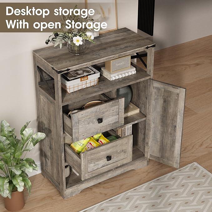Fameill Farmhouse Storage Cabinet with 2 Drawers & Shelves,Freestanding Kitchen Cabinet with Doors,Floor Storage Organization for Living Room,Bathroom,Laundry,Grey - ModernBath