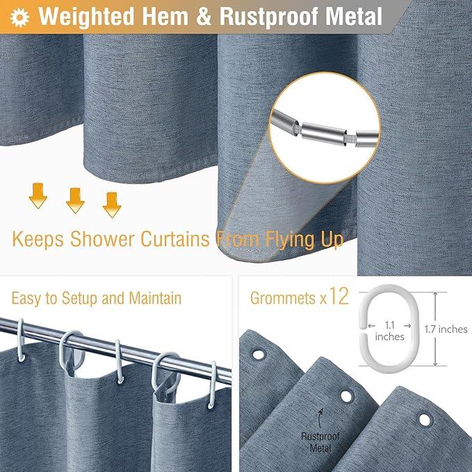 BTTN Fabric Shower Curtain, Linen Textured Heavy Duty Polyester Cloth Shower Curtain Set with Plastic Hooks, Blue Grey, 60x72 - ModernBath