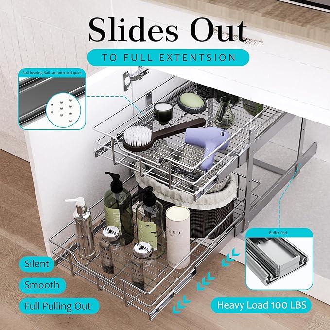 2 Tier Pull Out Cabinet Organizer 18" W X 22" D, Slide Out Drawers For Kitchen Cabinets, Pull Out Drawers For Cabinets Capacity Heavy Duty Caddy, Cabinet Pullout Shelves Chrome-Plated,Bathroom Pantry - ModernBath
