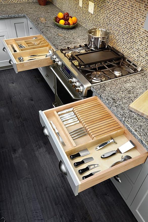 Rev-A-Shelf Trim-to-Fit Silverware Drawer Organizer for Kitchen Utensil Cutlery Cabinet Storage, Natural Maple Wood 9 Compartment Tray Insert, 4WCT-3 - ModernBath