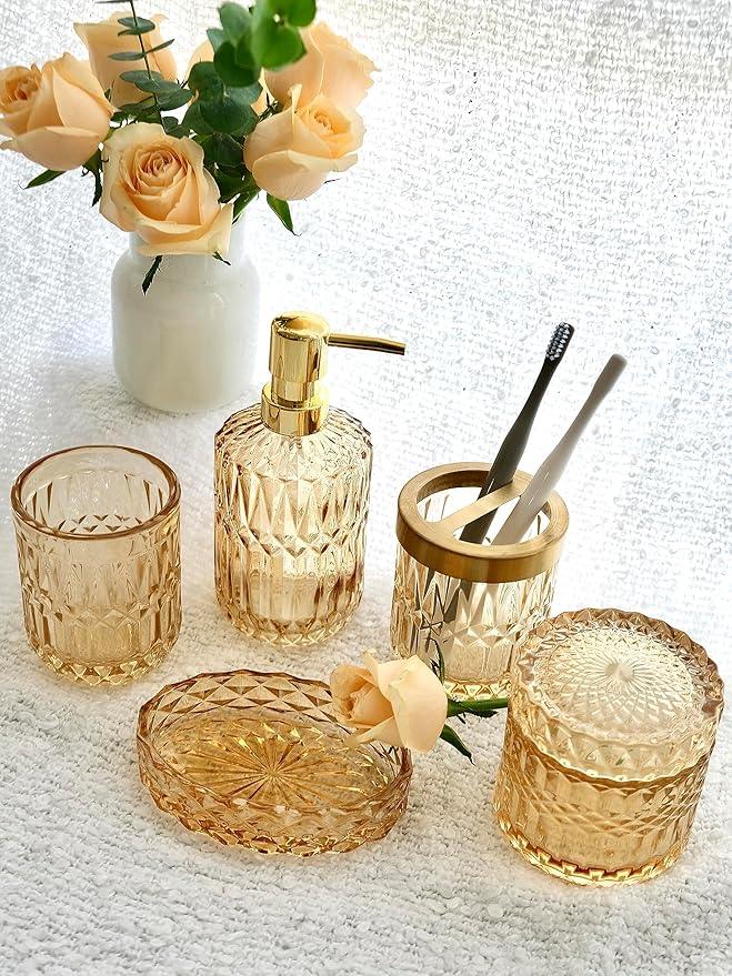LaMarriti Clear Gold Bathroom Accessorries Set, 5Pcs Glass Bathroom Accessories, Lotion Soap Dispenser, Toothbrush Holder Set, Soap Dish, Tumbler, Qtips Holder for Bathroom Vanity Decor, Yellow Gold - ModernBath