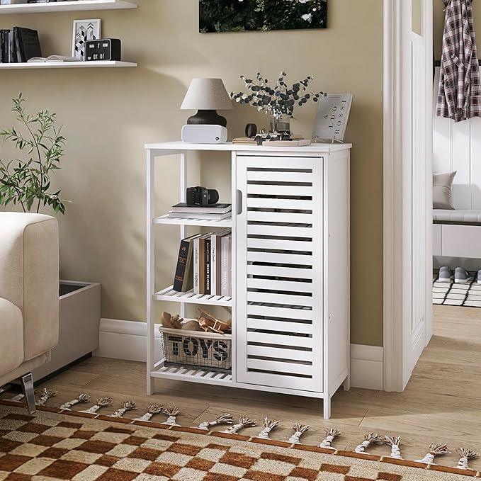 HITNET Bathroom Cabinet Freestanding, Bamboo Floor Cabinet, Side Storage Organizer with Door and 3 Shelves, Living Room Kitchen Cupboard, White - ModernBath