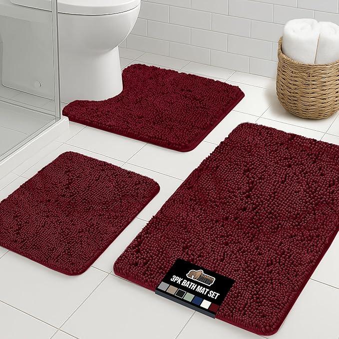 GORILLA GRIP Bathroom Rug Sets 3 Piece, Bath Mat Set and Oval Toilet Base with Rubber Backing, Plush Absorbent Shaggy Chenille Washable Mats, Includes 24x19.5, 24x17 and 30x20 Inch Rugs, Burgundy - ModernBath