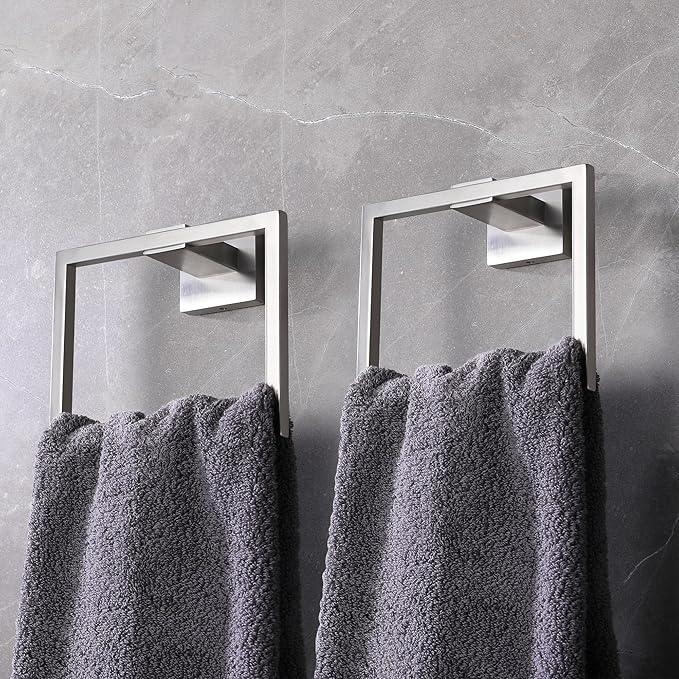 LANC Hand Towel Holder for Bathroom Wall Mount Brushed Nickel Square Hand Towel Rings 2PC Towel Ring for Toilet Bathroom Hardware Accessories Stainless Steel Modern Shower Towel Hanger, A8896BN-P2 - ModernBath