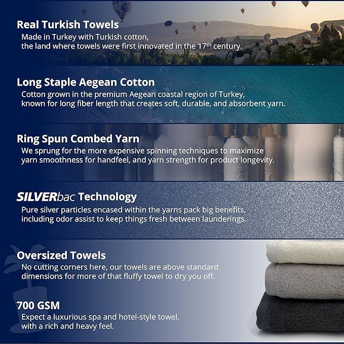 Lincoln & Palm 3 Piece Turkish Towels Set, Thick, Soft, Plush 700 GSM Spa & Hotel Quality, Silver Infused SILVERbac | Bath 58x30, Hand 30x16, Face Wash Cloth 13x13 (3 Piece Towel Set, Silver) - ModernBath