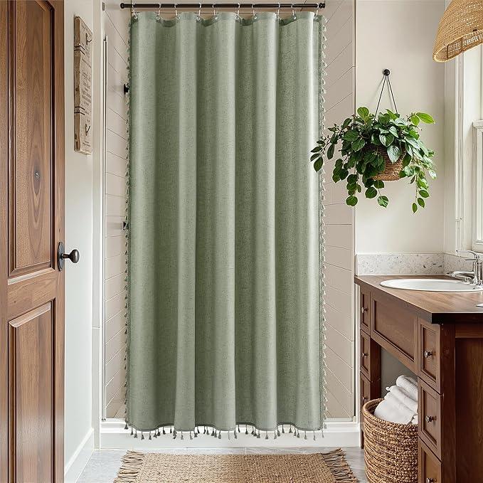 Nanspring Stall Sage Green Boho Linen Shower Curtain 60 Inches Textured Chic Tassel Fabric Farmhouse Cottagecore Bath Curtain Set with Hooks Solid Neutral Shower Curtain for Bathroom 60x72, Green - ModernBath