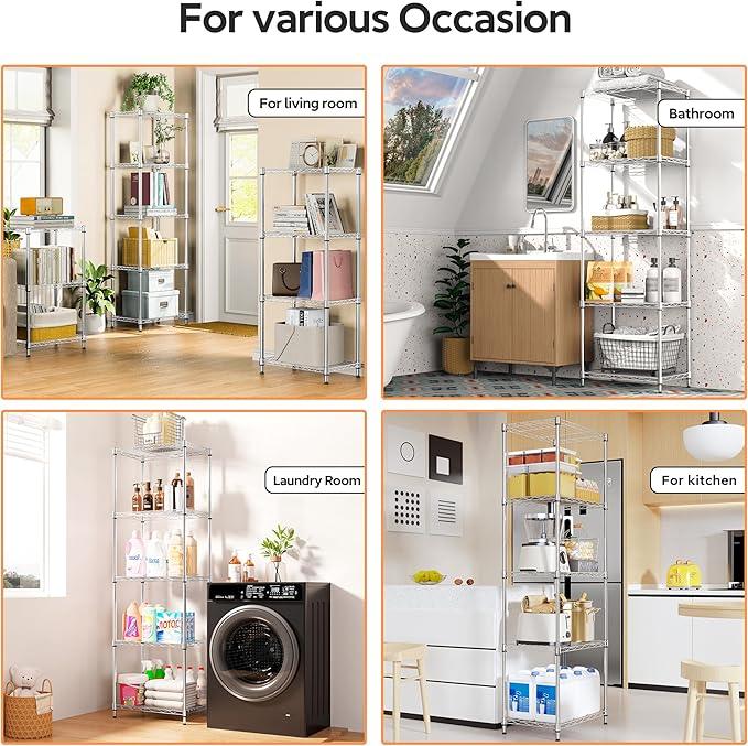 5 Tiers Shelf Metal Storage Shelves Wire Rack Closet Organizers with Wheel for Garage Kitchen Bathroom Laundry Chrome 11.8" D x 17.7" W x 55" H - ModernBath