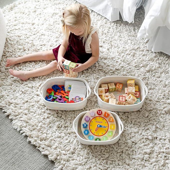NaturalCozy 5-Piece Rectangle Storage Basket Set- Natural Cotton Rope Woven Baskets for Organizing! Small Basket for Montessori, Baby Nursery, Dog Toy Baskets, Cat Toy Box, Bathroom Organization Bin - ModernBath