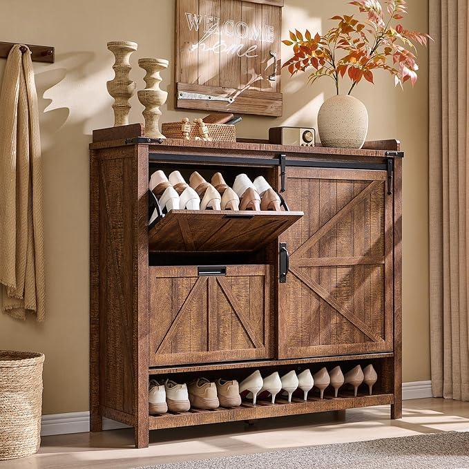 OKD Shoe Storage Cabinet with 2 Flip Drawers & Sliding Door, Farmhouse Entryway Shoe Organizer, Freestanding Rustic Hidden Shoe Rack Cabinet for Entryway, Reclaimed Barnwood - ModernBath
