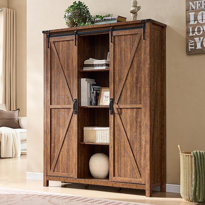 OKD Storage Cabinet with 2 Sliding Door, 7-Tier 62" Tall Farmhouse Entryway Shoe Cabinet, Freestanding Rustic Hidden Shoe Organizer for Entryway, Reclaimed Barnwood - ModernBath