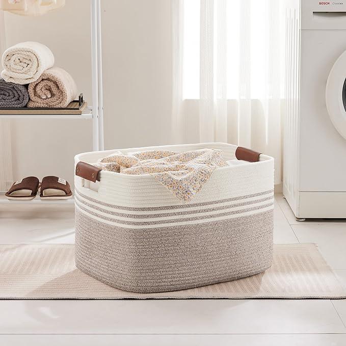 86L Extra Large Laundry Basket with Leather Handles for Living Room Storage, Woven Rope Baskets for Blanket, Kids Toy, Gifts, Wicker Hamper for Bedroom Dirty Clothes, 24"x16"x14" White Brown - ModernBath