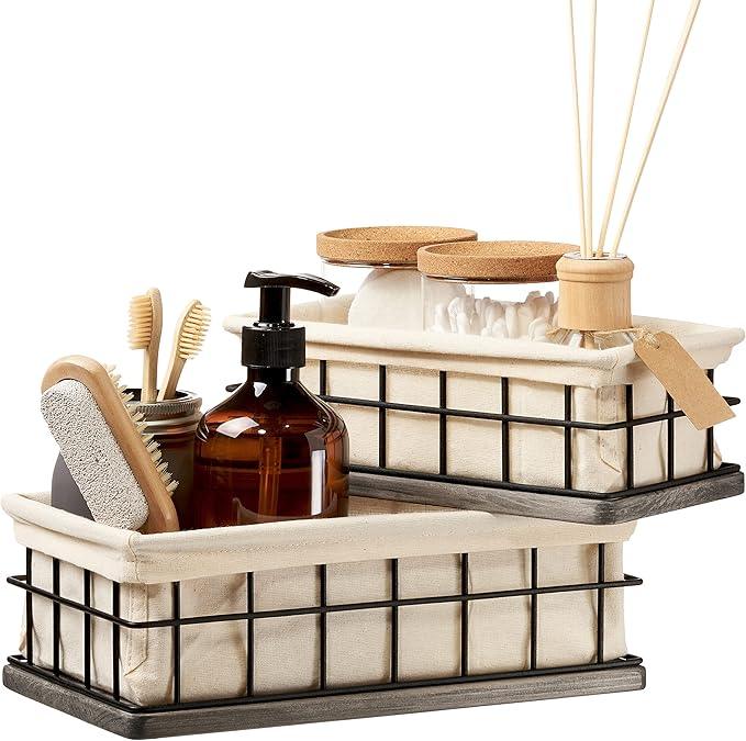 BAOBAB WORKSHOP Set of 2 Metal & Wooden Basket with Liners, Bathroom Basket Organizer & Kitchen Storage Decor, Toilet Paper Baskets for Back of Toilet Tank Tray Topper - ModernBath