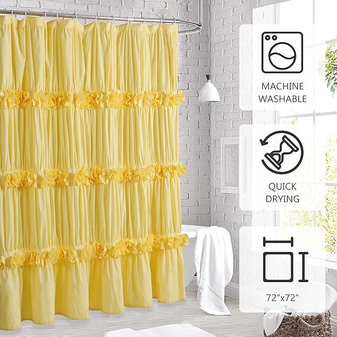 Homechoice Decor Bright Yellow Shower Curtain, Vintage Handcrafted Bow Tie Bath Curtain for Master Bathroom, Ruched Microfiber Bathroom Curtain with 12 Buttonholes, 72" W x 72" H (LQ-10) - ModernBath