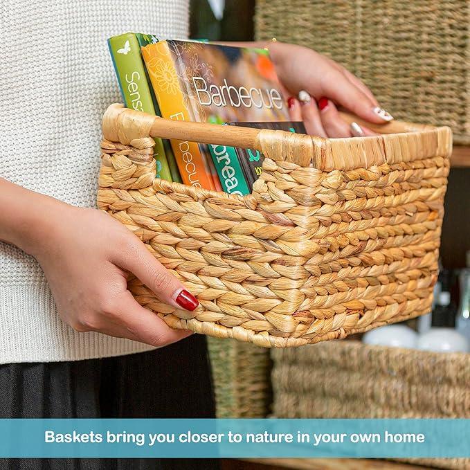 Small Wicker Baskets for Organizing Bathroom, Hyacinth Baskets for Storage, Wicker Storage Basket with Wooden Handle, Decorative Small Basket 10 x 7.5 x 6.3 inches - 3 Pack - ModernBath