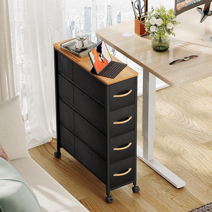 Narrow Dresser Storage Tower with 4 Drawers, Slim Dresser Chest of Drawers with Steel Frame, Wood Top, Dresser for Bedroom, Bathroom, Small Spaces, Laundry, Closet (Black) - ModernBath