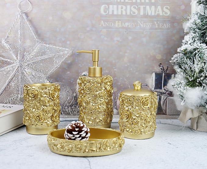 Hymmah Gold Bathroom Accessories Set,Rose Design Bathroom Set,Farmhouse Bathroom Decor,4 Pcs Resin Gift Set Apartment Necessities, Contain Cotton Swab Jar,Soap Dispenser,Soap Dish,Tumbler White - ModernBath
