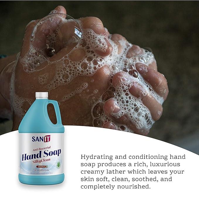Sanit Silky Clean Antibacterial Liquid Gel Hand Soap Refill - Advanced Formula with Coconut Oil and Aloe Vera - All Natural Moisturizing Hand Wash - Made in USA, Coconut, 1 Gallon - ModernBath