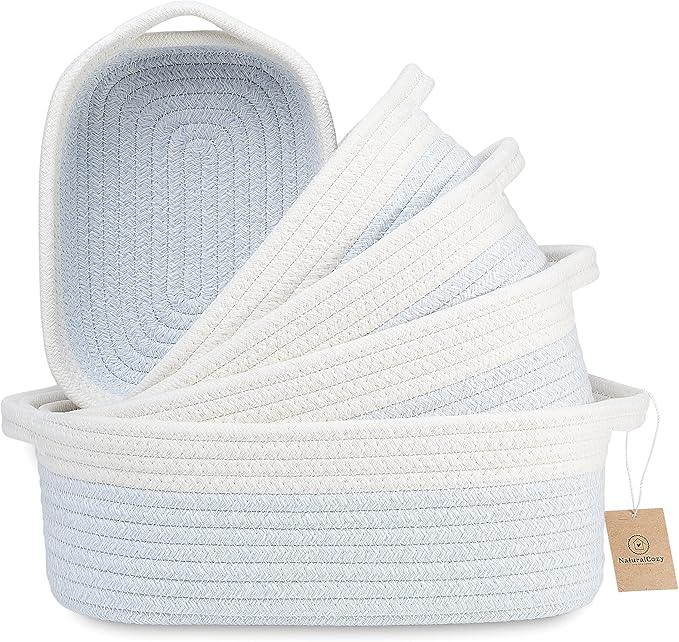 NaturalCozy 5-Piece Rectangle Storage Basket Set- Natural Cotton Rope Woven Baskets for Organizing! Small Basket for Montessori, Baby Nursery, Dog Toy Baskets, Cat Toy Box, Bathroom Organization Bin - ModernBath
