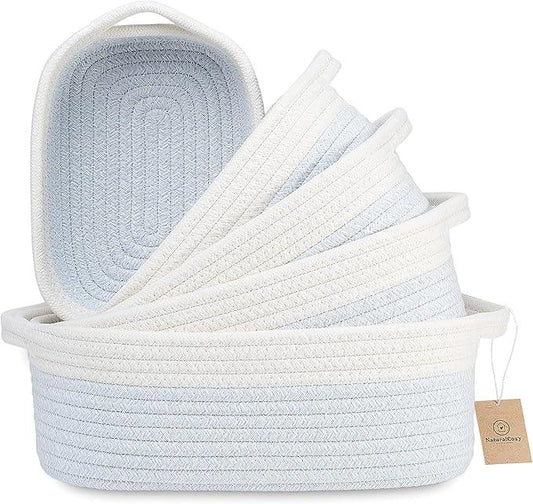 NaturalCozy 5-Piece Rectangle Storage Basket Set- Natural Cotton Rope Woven Baskets for Organizing! Small Basket for Montessori, Baby Nursery, Dog Toy Baskets, Cat Toy Box, Bathroom Organization Bin - ModernBath