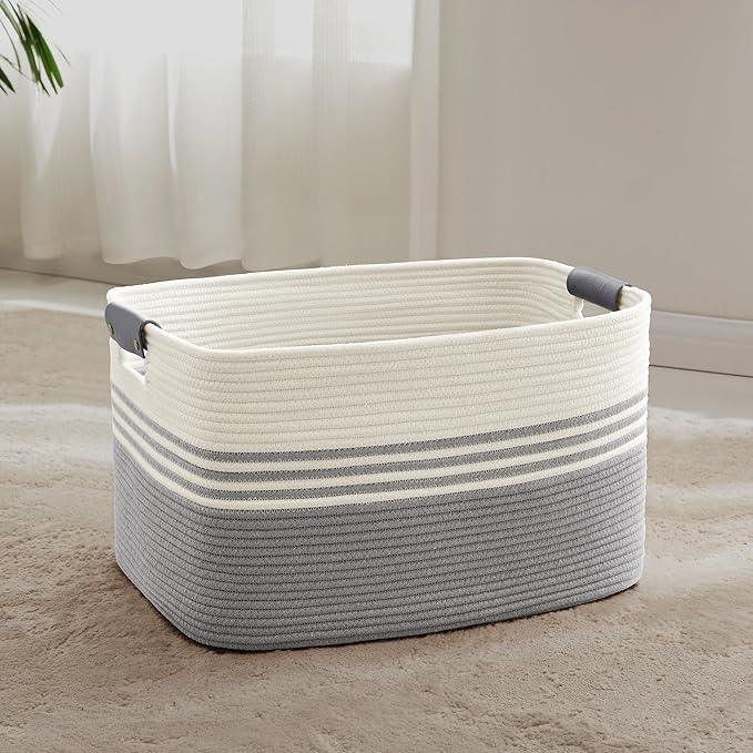 72L Large Laundry Basket with Leather Handles for Living Room Storage, Woven Rope Baskets Bin for Blanket, Kids Toy, Gifts, Wicker Hamper for Bedroom Dirty Clothes, 22"x17"x12" White Grey - ModernBath