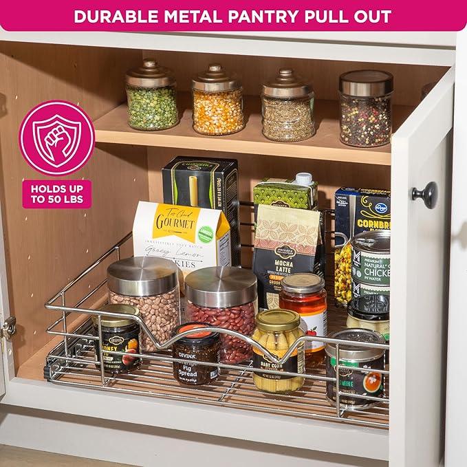 HOLDN’ STORAGE Heavy-Duty Premium Collection Pull Out Cabinet Organizer, Cabinet Drawer Slide Outs, Lifetime Limited Warranty - Basket Size 22" W x 21" D x 5" H, Anti-Rust Chrome Finish - ModernBath