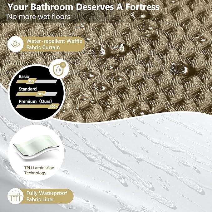 VANZAVANZU Luxury 3 in 1 Shower Curtain Set 3D Textured Waffle Weave Bathroom Curtain with Waterproof SGS Certified Fabric Liner & 12 Anti-Fall Stainless Steel Hooks, Machine Washable 72"x84" (Khaki) - ModernBath