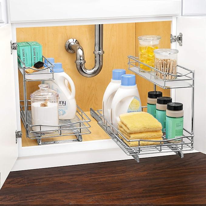 LYNK PROFESSIONAL® Pull Out Under Sink Kitchen Cabinet Organizer - 11.5 in. x 21 inch deep Drawer - Sliding Shelf Organizer for Cabinets and Undersink Storage Shelves - Lifetime Ltd. Warranty – Chrome - ModernBath
