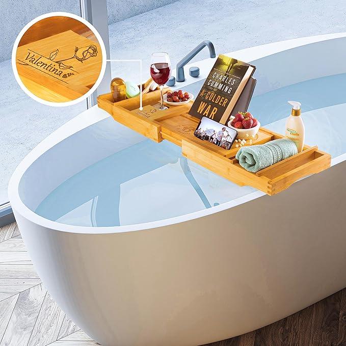 Personalized Bathtub Tray - Engraved Foldable Bamboo Bath Caddy, Tub Tray with Expandable Sides, Luxury Wooden Bath Table for Relaxation Spa - Customized Gift for Mom, Wife, New Home - ModernBath