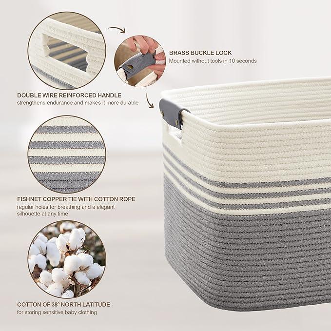 86L Extra Large Laundry Basket with Leather Handles for Living Room Storage, Woven Rope Baskets for Blanket, Kids Toy, Gifts, Wicker Hamper for Bedroom Dirty Clothes, 24"x16"x14" White Grey - ModernBath