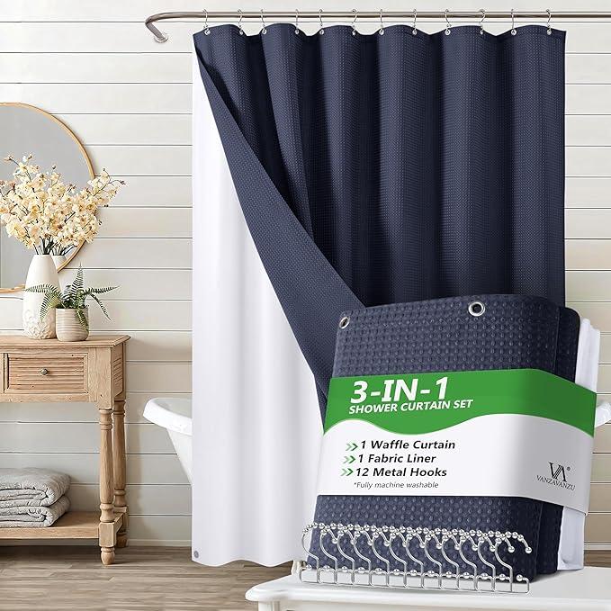 Luxury 3 in 1 Shower Curtain Set 3D Textured Waffle Weave Bathroom Curtain with Waterproof SGS Certified Fabric Liner & 12 Anti-Fall Stainless Steel Hooks, Machine Washable 72"x72" (Navy Blue) - ModernBath