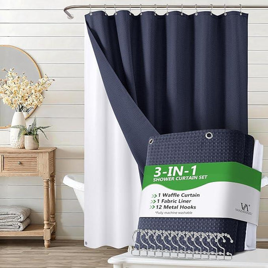 Luxury 3 in 1 Shower Curtain Set 3D Textured Waffle Weave Bathroom Curtain with Waterproof SGS Certified Fabric Liner & 12 Anti-Fall Stainless Steel Hooks, Machine Washable 72"x72" (Navy Blue) - ModernBath