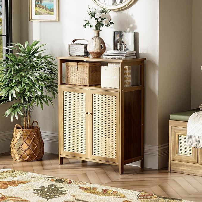 HITNET Rattan Bathroom Floor Cabinet, Freestanding Bamboo Storage Cupboard with 2 Doors, Living Room Sideboard, Space Saving, Walnut - ModernBath
