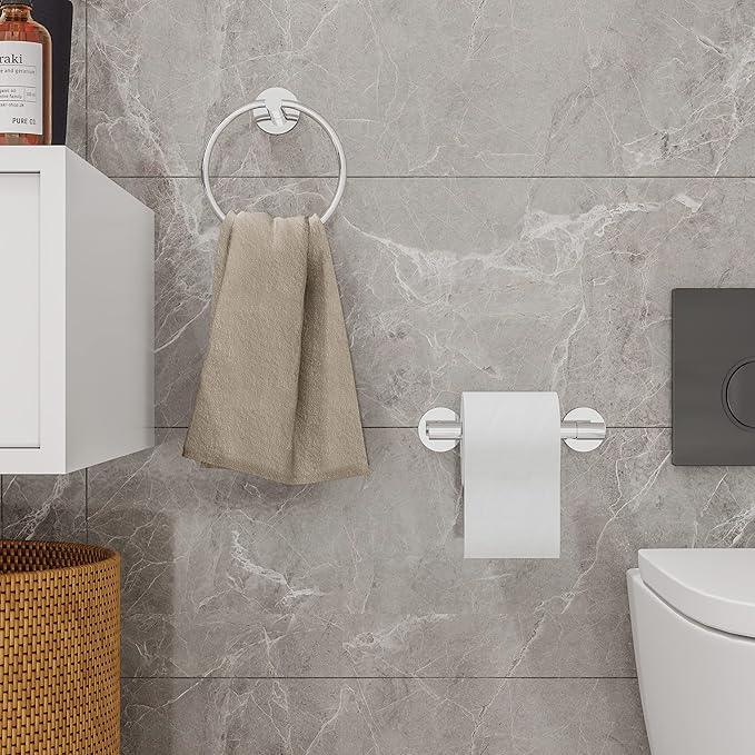 Polished Finish Toilet Paper Holder & Towel Ring SUS304 Stainless Steel 2pc Bathroom Hardware Set with Double Post Pivoting Toilet Paper Roll Holder Wall Mount & Bathroom Towel Holder Set - ModernBath