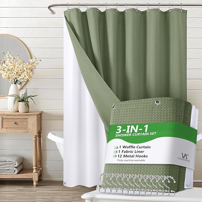 VANZAVANZU Luxury 3 in 1 Shower Curtain Set 3D Textured Waffle Weave Bathroom Curtain with Waterproof SGS Certified Fabric Liner & 12 Anti-Fall Stainless Steel Hooks, Machine Washable 72"x78" (Green) - ModernBath