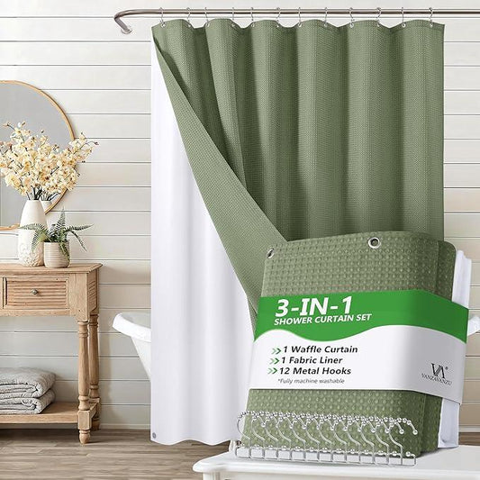 VANZAVANZU Luxury 3 in 1 Shower Curtain Set 3D Textured Waffle Weave Bathroom Curtain with Waterproof SGS Certified Fabric Liner & 12 Anti-Fall Stainless Steel Hooks, Machine Washable 72"x78" (Green) - ModernBath