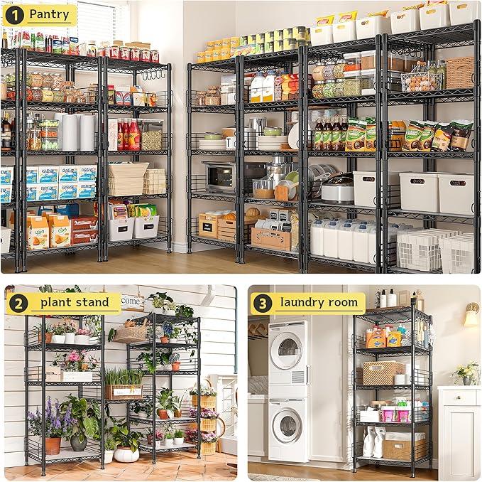 5 Tier Metal Shelving Unit Storage Shelves With Shelf Linker,Adjustable Pantry Shelves Wire Shelving with Hooks,Metal Shelf with Side Blockers for Kitchen,Closet,Office,Laundry,18.1''Wx18.1''Dx59''H - ModernBath