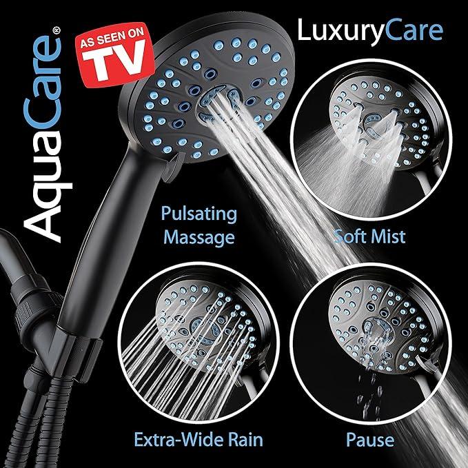 AquaCare High Pressure 8-mode Handheld Shower Head - Anti-clog Nozzles, Built-in Power Wash to Clean Tub, Tile & Pets, Extra Long 6 ft. Stainless Steel Hose, Wall & Overhead Brackets - ModernBath