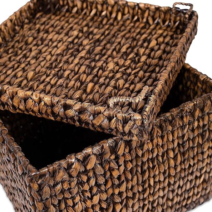 BIRDROCK HOME Storage Cube Box with Lid - Brown Wash Seagrass - Hand Woven Container for Blankets Pillows - Sturdy Metal Frame - ModernBath