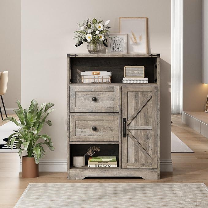 Fameill Farmhouse Storage Cabinet with 2 Drawers & Shelves,Freestanding Kitchen Cabinet with Doors,Floor Storage Organization for Living Room,Bathroom,Laundry,Grey - ModernBath