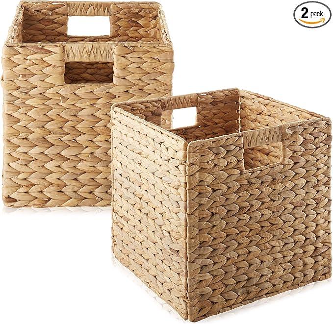 Casafield 12" x 12" Water Hyacinth Storage Baskets, Natural - Set of 2 Collapsible Cube Organizers, Woven Bins for Bathroom, Bedroom, Laundry, Pantry, Shelves - ModernBath